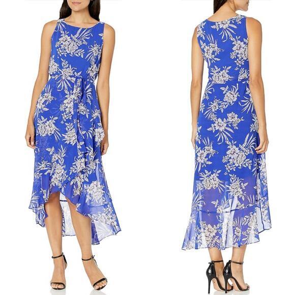 Sandra Darren floral print Sleeveless Uneven Hem Belted‎ Chiffon Dress , size 14 - Picture 1 of 13